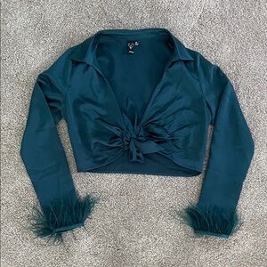 Windsor Elegant Teal Feather Cuff Blouse